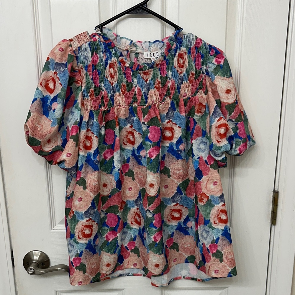TCEC Floral Smocked Puff Sleeve Blouse in Pink Blue Green Cream